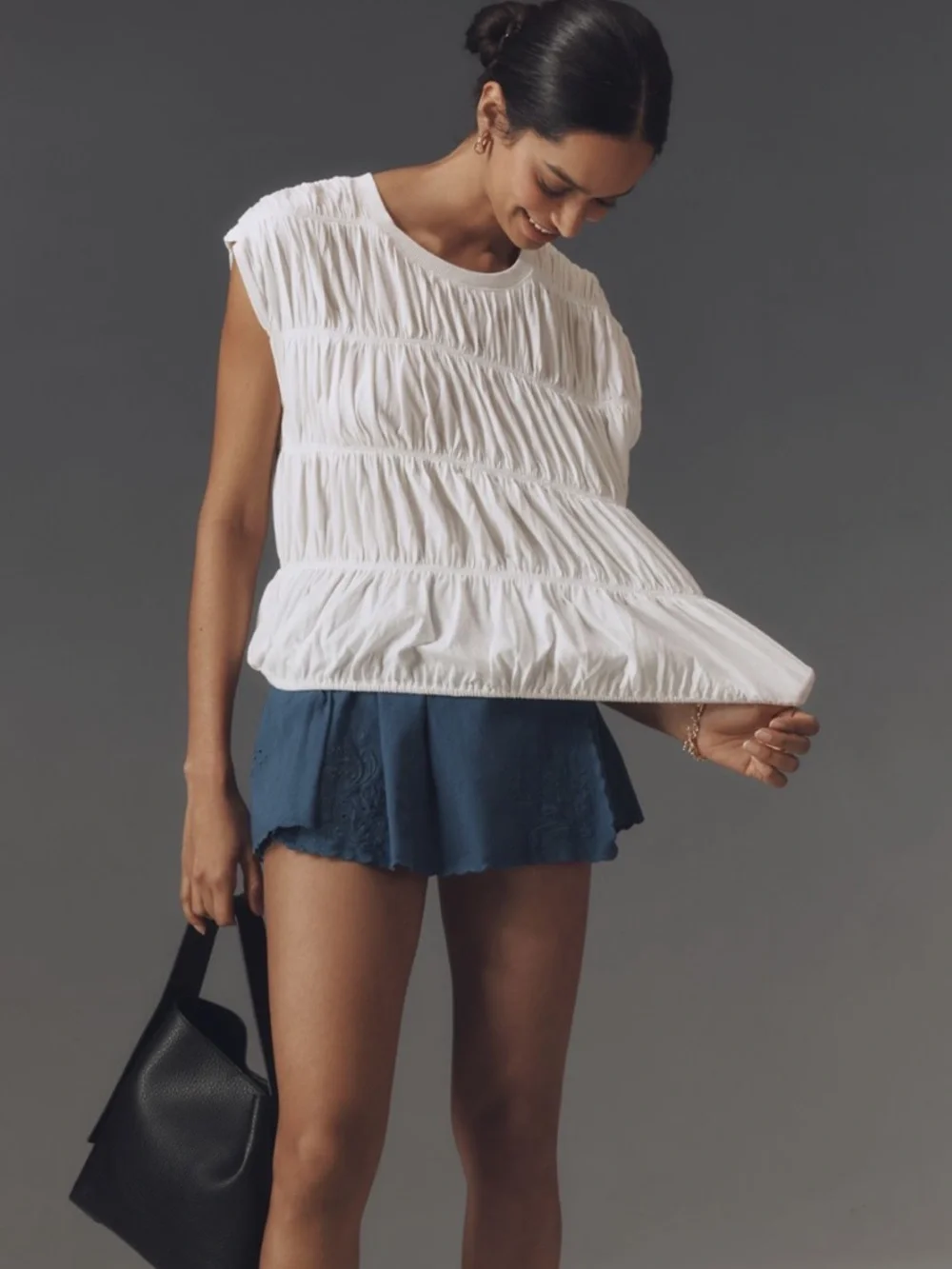 Nwt Maeve White Ruched Cap-Sleeve Top - Picture 3 of 4